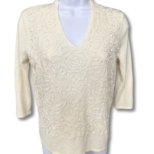 VINTAGE DESIGNERS ORIGINALS Sweater White V Neck Ribbed Knit Womens Petite SZ S